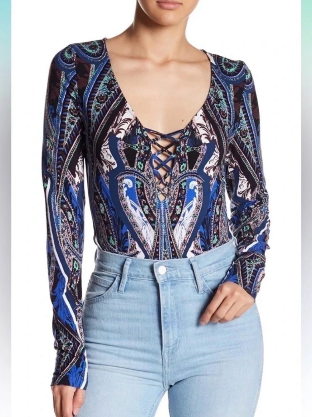 NWOT Free People Blue Paisley Lace-Up Long Sleeve Bodysuit